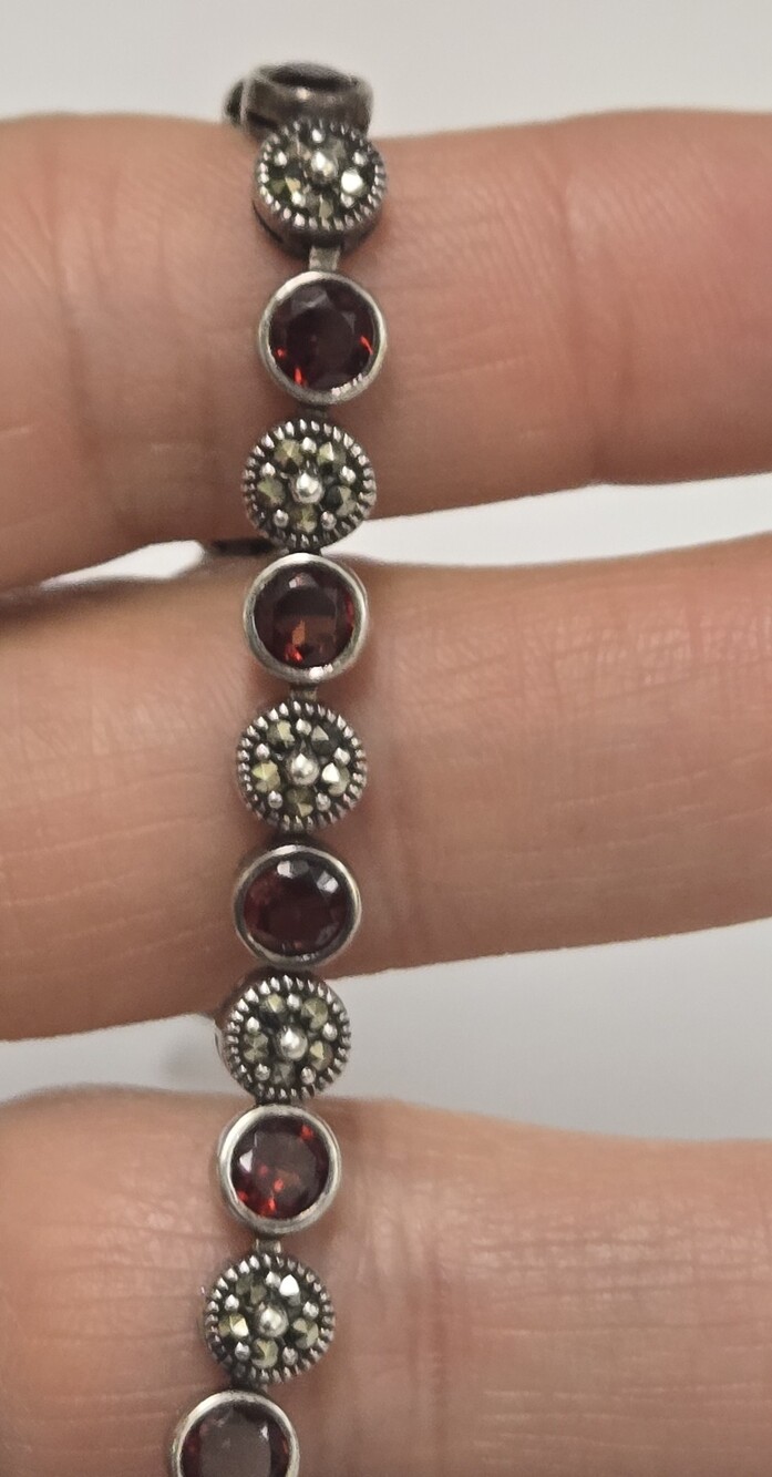 925 Sterling Silver Garnet Station Bracelet - Red Gemstone Link